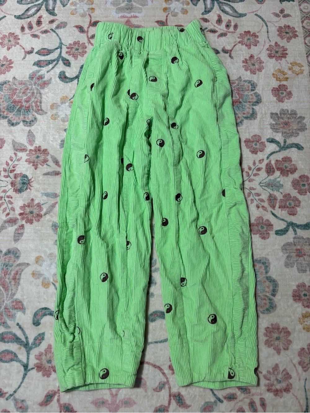 BDG Neon Green Wide-Leg Corduroy Pants with Yin Yang Print